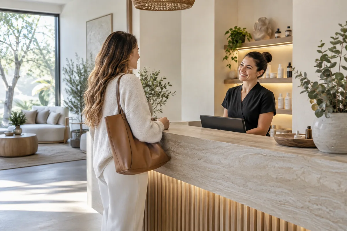 A welcoming beauty and wellness studio reception in daylight, illustrative photography
